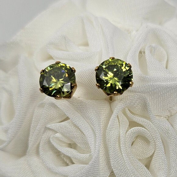 Pair of Peridot Green CZ Brilliant Gold Stainless Steel Stud Earrings - Picture 1 of 4